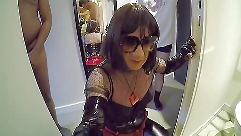 Horny brunette shemale in latex stockings and black dude