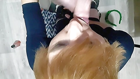 Red-haired shemale gets banged by a guy in hardcore porn video