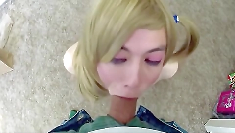 Busty blonde whore gives a deepthroat blowjob to her guy