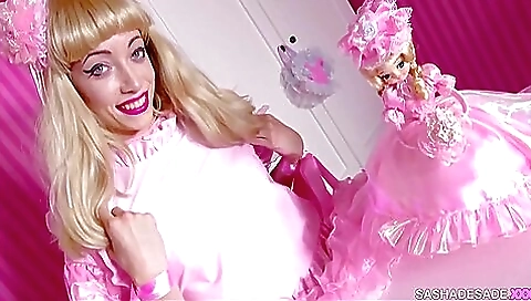 Blonde in a white dress is in a lingerie and creampie